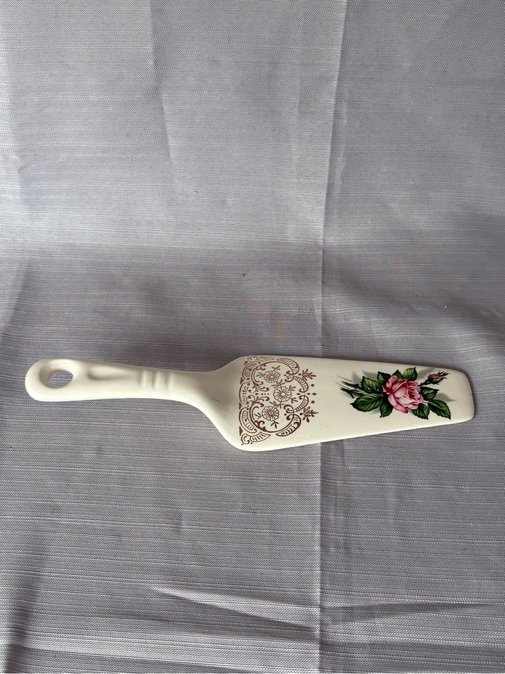 Vintage Ceramic Cake Server with Pink Rose Floral Design - White